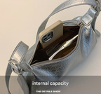 Beige Women's Metallic Silver Underarm Baguette Bag French Style PU Leather Shoulder Purse with Adjustable Crossbody Strap for Evening and Daily Use