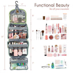 Beige Large Hanging Toiletry Bag Waterproof Travel Cosmetic Organiser with Sturdy Hook 4 Compartments Makeup Wash Case for Women and Men
