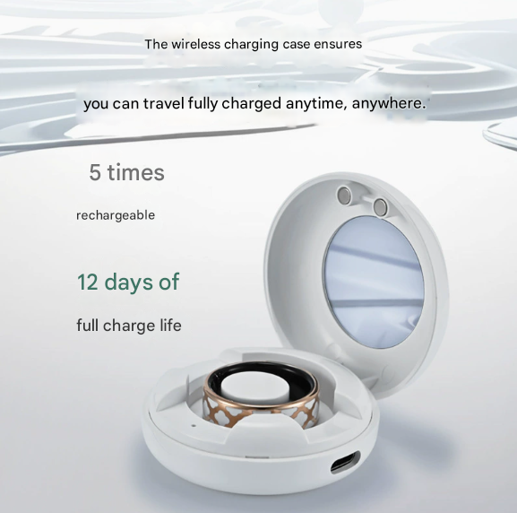 11# Striped Gold Smart Health Ring Tracker with Wireless Charging Case - Titanium Steel Fitness Wearable for Heart Rate, Sleep & Blood Oxygen Monitoring - Waterproof Wellness Device