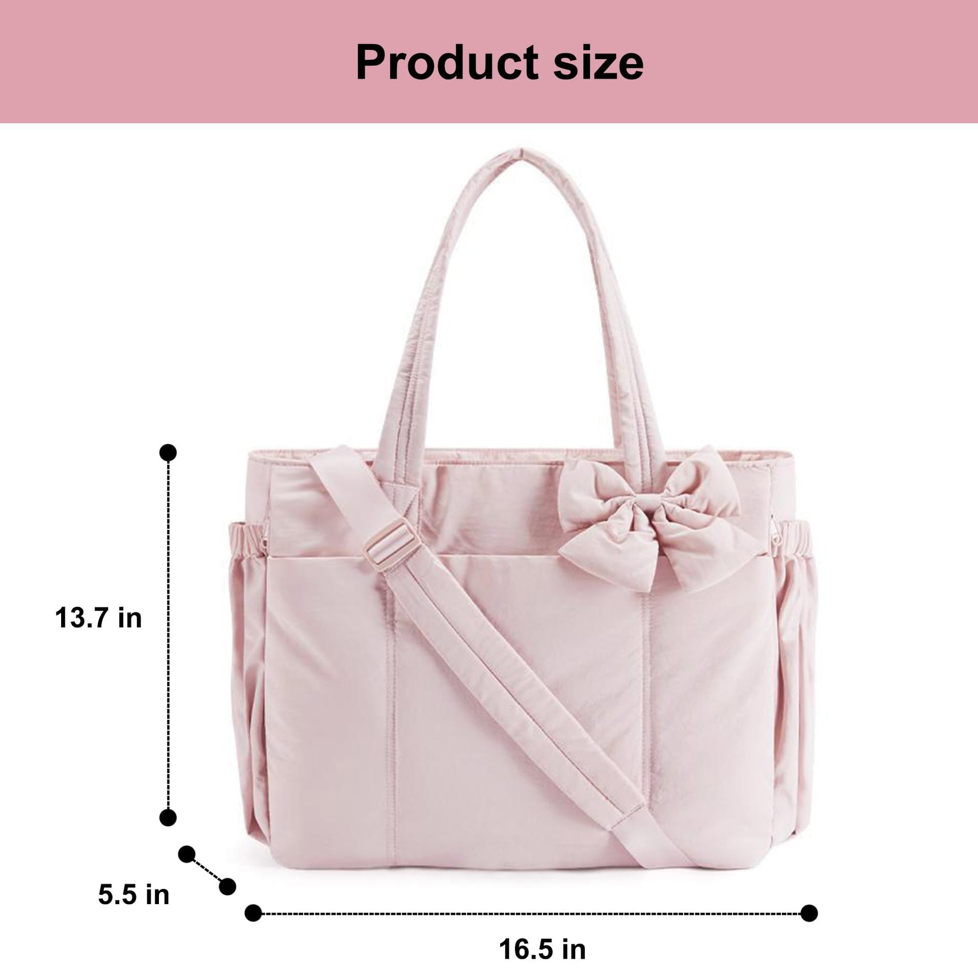 Brown Women's Quilted Puffer Tote Bag Large Capacity Lightweight Bow Handbag with Shoulder Strap 42cm for Gym Travel & Baby Care