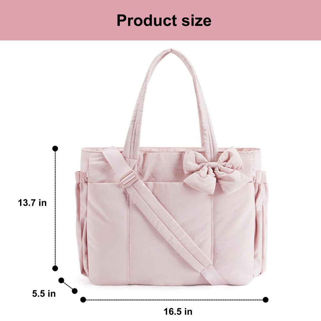 Camel Women's Quilted Puffer Tote Bag Large Capacity Lightweight Bow Handbag with Shoulder Strap 42cm for Gym Travel & Baby Care