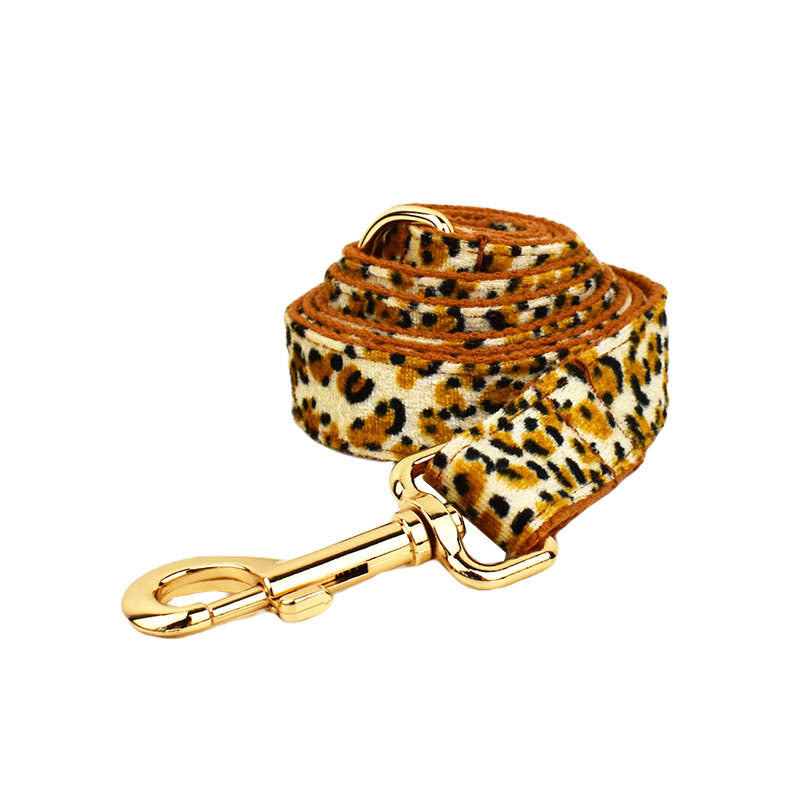 S Luxury 5 Piece Dog Harness and Collar Set Leopard Print with Leash Bow Tie & Waste Bag Holder Gold Metal Buckle Walking Gear