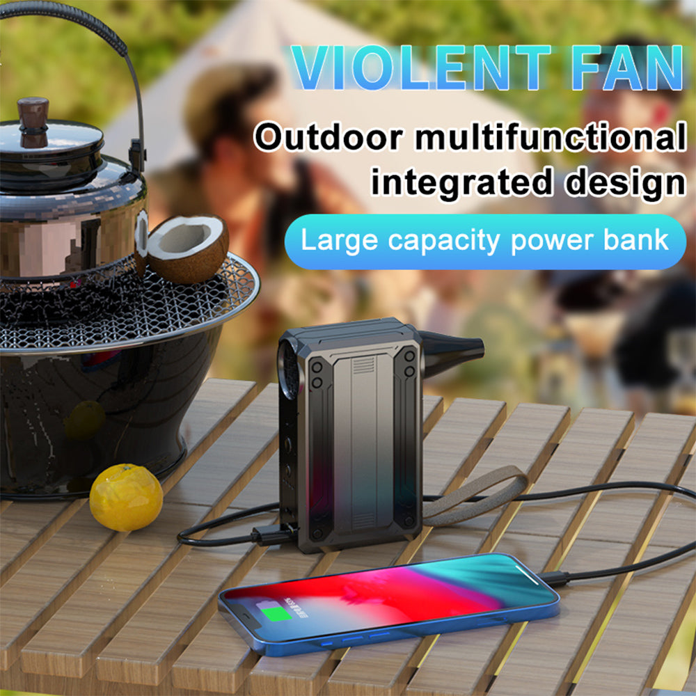 Black Multifunctional Turbo Fan - Portable High-Speed Dust Blower with LED Light & Emergency Power Bank for Outdoor & Home Use