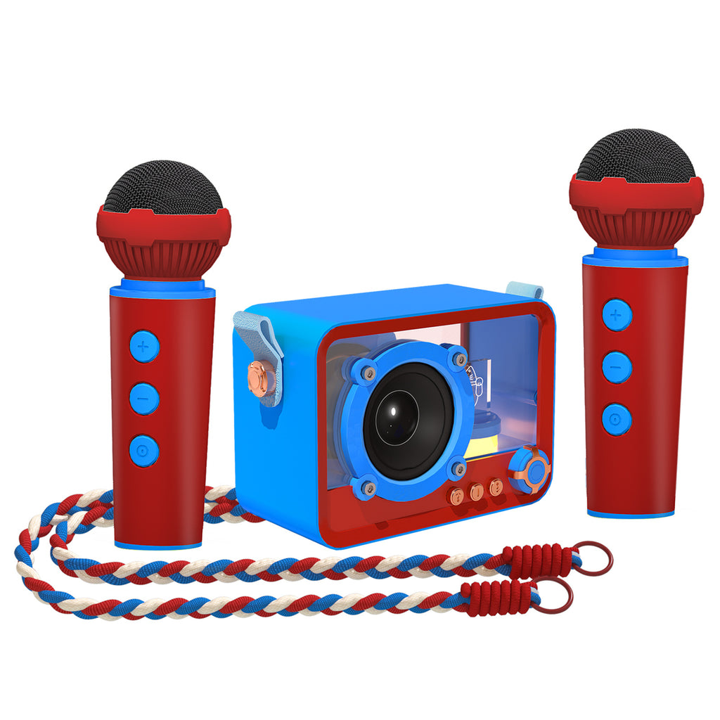 Blue Portable Mini Bluetooth Karaoke Speaker & Dual Microphone Set - Home KTV Gift for All Ages