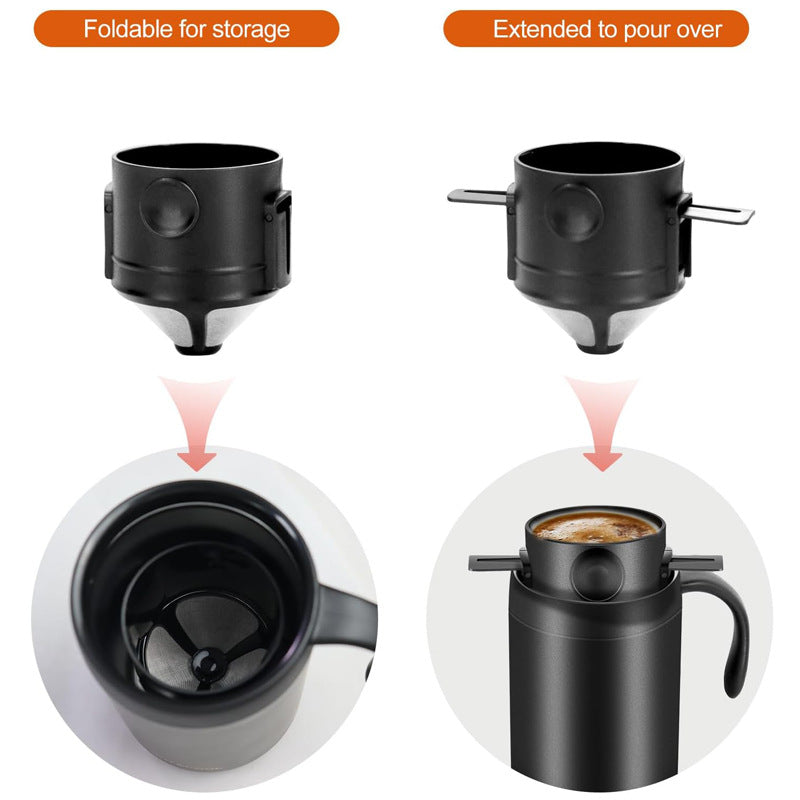 Black Portable Pour Over Coffee Maker Set Insulated Stainless Steel Travel Mug with Reusable Drip Filter and Spoon 3 Piece Kit