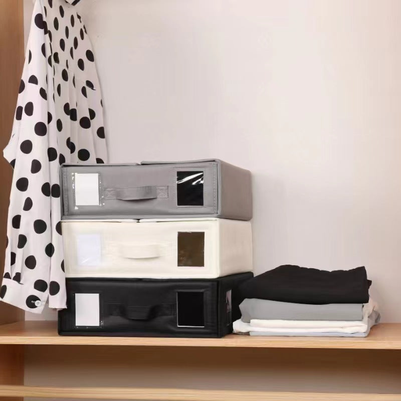 Beige Foldable Oxford Fabric Storage Box with Clear Window – Large Capacity Organizer for Bedding, Clothes & More | Collapsible Design with Handle and Labeling Space