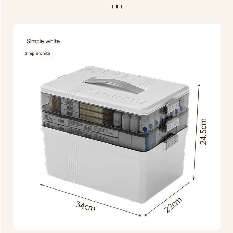 Cream white Large 3 Layer Medicine Storage Box Portable First Aid Kit Organiser with Handle Multi Compartment Container for Family Home Use