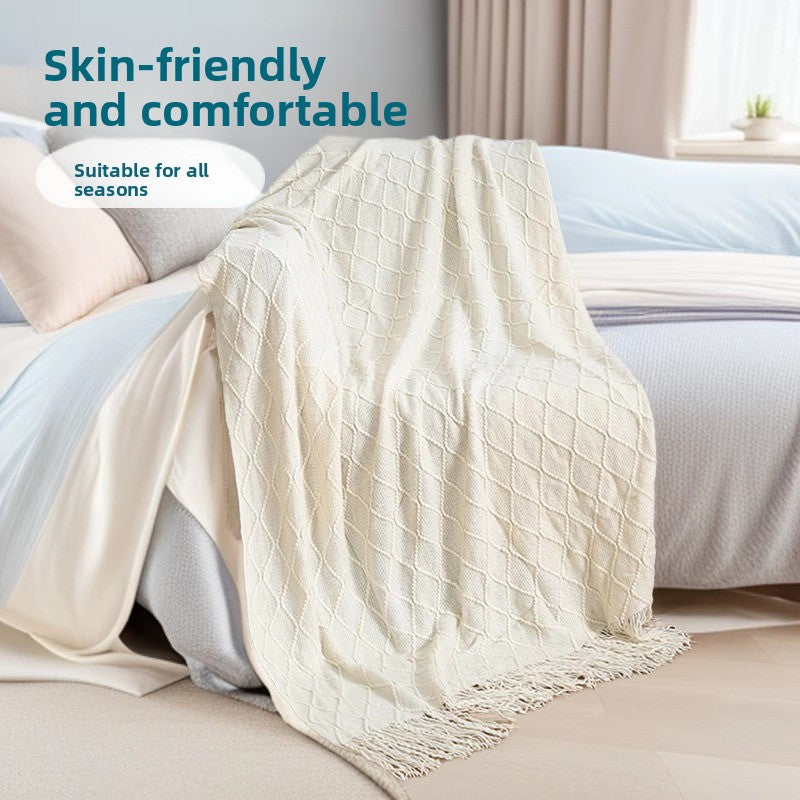Light grey Nordic Knitted Throw Blanket with Tassels 130x230cm Soft Acrylic Diamond Pattern Sofa Cover Bed Runner and Travel Blanket