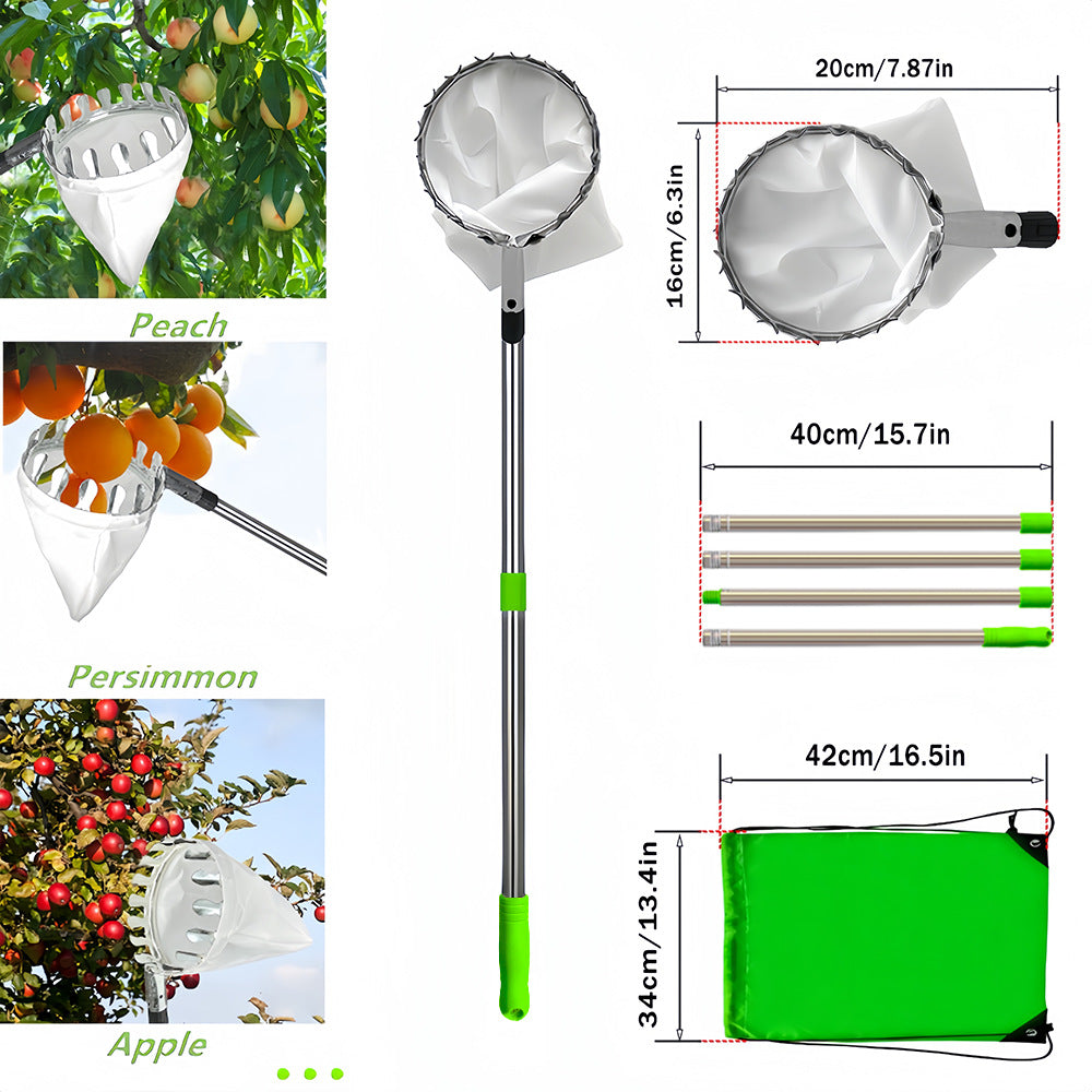 Green Telescopic Fruit Picker Tool with Stainless Steel Extension Pole Carbon Steel Head and Large Bag for Apples Peaches Oranges Australian Home Orchards(2.0m)