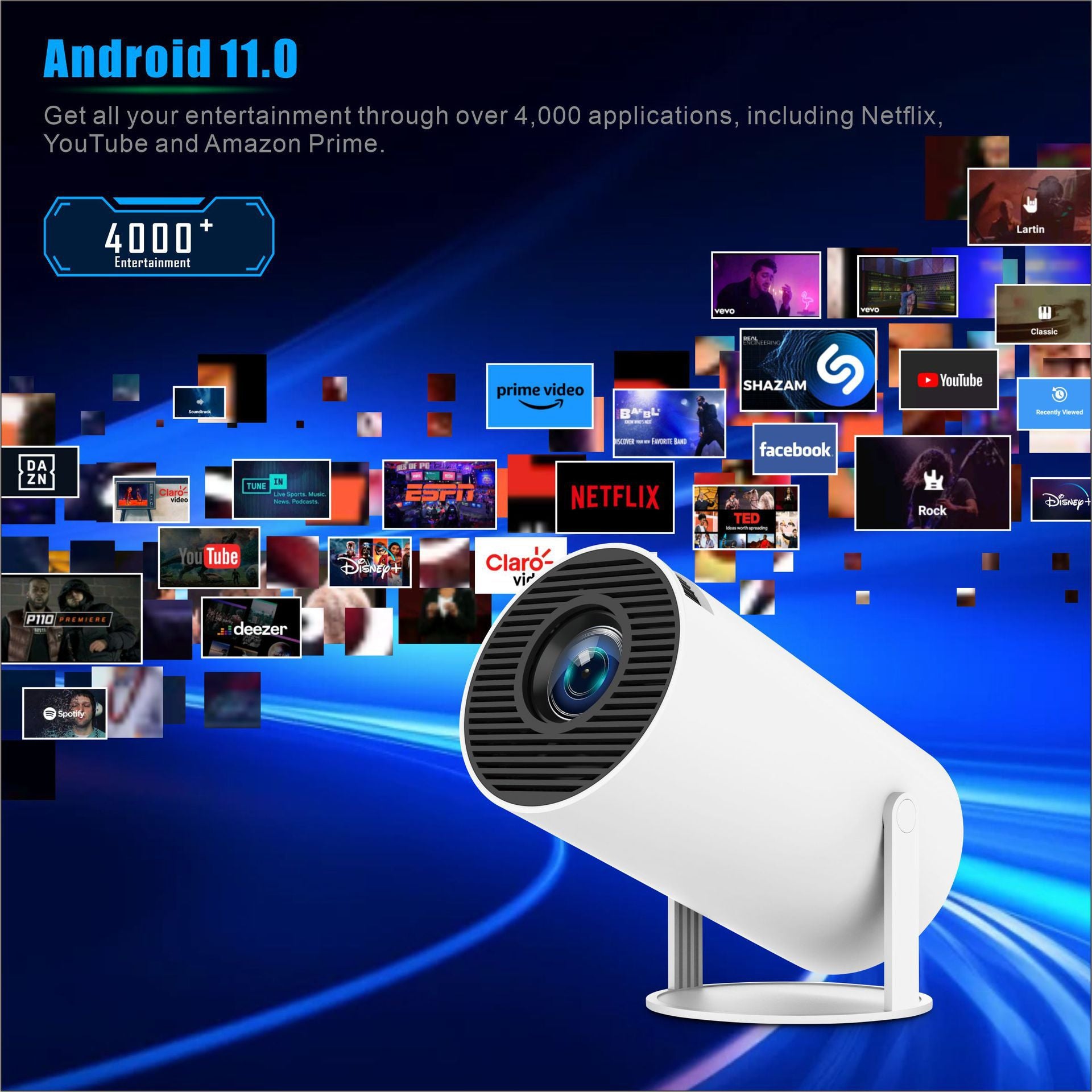 Smart Portable Projector HY300 Native 720P Support 4K 180 Degree Rotatable Home Cinema Dual WiFi 6 Bluetooth 5.0 Auto Keystone White