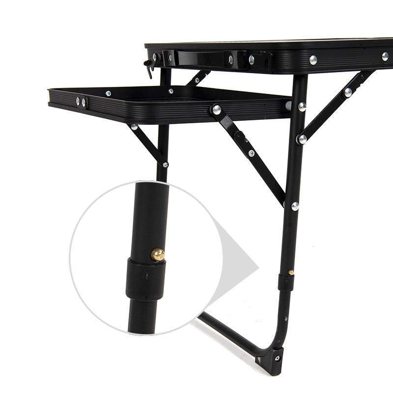 Black Portable Camping Table Heat Resistant Steel Mesh Top Foldable BBQ Desk with Side Wings Adjustable Height Aluminium Frame for Outdoor Picnic