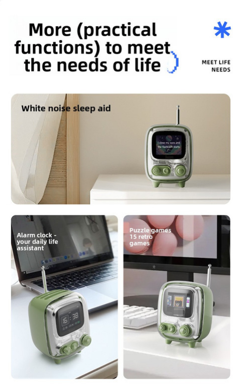White Retro Pixel Art Bluetooth Speaker Smart Desktop Audio with LED Display DIY Animation Alarm Clock and Mini Games