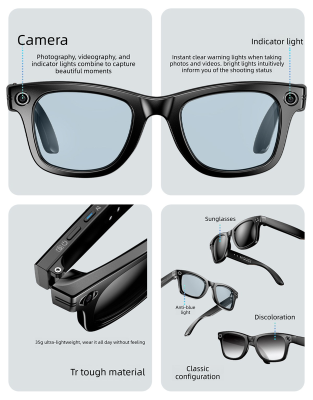 Smart AI Camera Glasses White Frame with Red Mirror Lenses - 8MP HD Video Recording with EIS Stabilization - Bluetooth Audio, WiFi Transfer & AI Voice Control - Stylish Eyewear for Sports & Travel