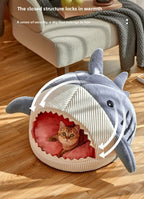 Novelty Shark Pet Cave Bed Enclosed Cozy Sleeping Nest for Cats and Small Dogs Soft Flannel Year Round Comfort Light Gray L Size