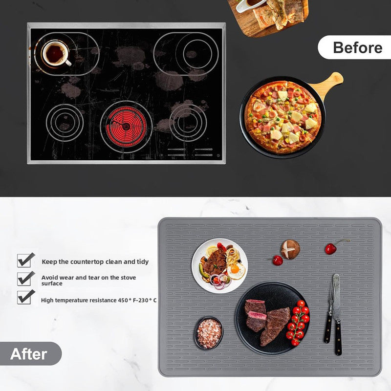 Silicone Stove Top Cover 92x52cm Heat Resistant Electric Cooktop Protector Mat for Kitchen Benchtop and Laundry Black