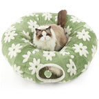 2-in-1 Cat Tunnel Bed Green Daisy 80cm - Plush Donut Pet Cave & Play Tube - Detachable Washable Cushion & Interactive Hanging Toy for Indoor Cats