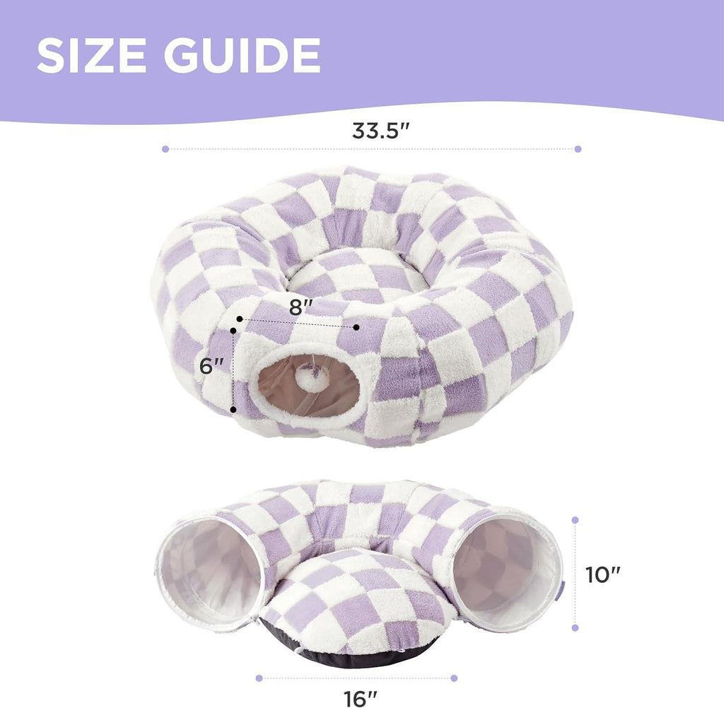2-in-1 Cat Tunnel Bed Coffee Brown Daisy 80cm - Plush Donut Pet Cave & Play Tube - Detachable Washable Cushion & Interactive Hanging Toy for Indoor Cats