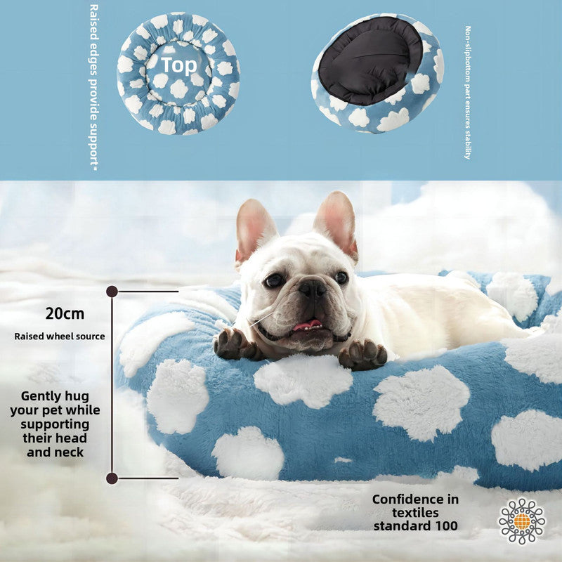 50cm Round Pet Bed Purple & White Checkerboard - Soft Plush Donut Cuddler for Small Dogs & Cats - Calming Anxiety Relief & All-Season Comfort