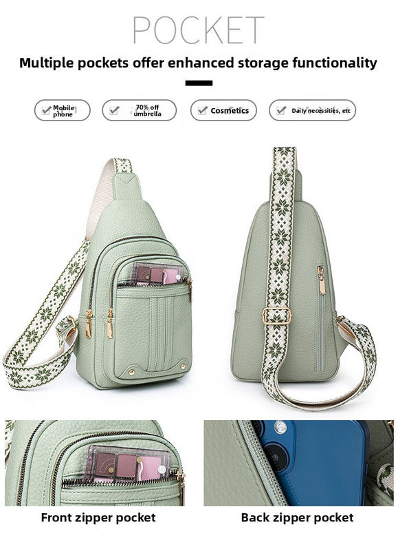 Women's Soft PU Leather Sling Bag Crossbody Chest Purse with Adjustable Boho Strap - Lightweight Multi-Pocket Shoulder Daypack for Travel & Daily Use - Light green
