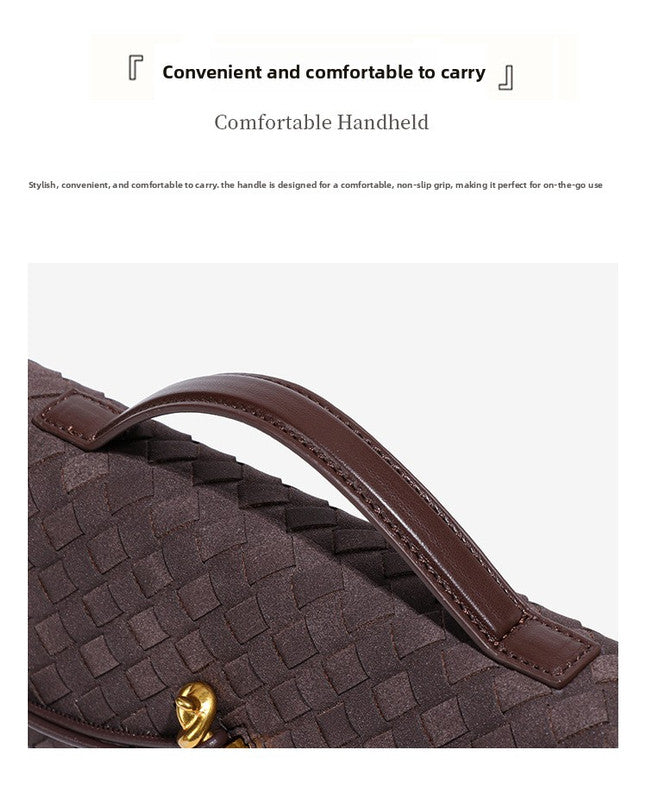 Retro Woven Baguette Handbag for Women Suede Texture PU Leather Shoulder Crossbody Bag Elegant Evening Clutch Coffee Brown