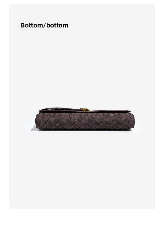 Retro Woven Baguette Handbag for Women Suede Texture PU Leather Shoulder Crossbody Bag Elegant Evening Clutch Coffee Brown