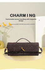 Retro Woven Baguette Handbag for Women Suede Texture PU Leather Shoulder Crossbody Bag Elegant Evening Clutch Pine Tea Color