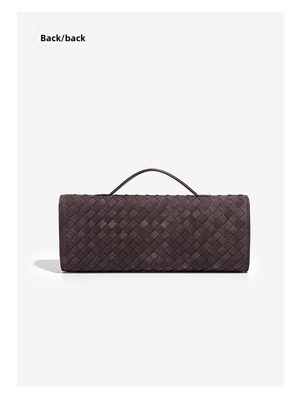 Retro Woven Baguette Handbag for Women Suede Texture PU Leather Shoulder Crossbody Bag Elegant Evening Clutch Pine Tea Color