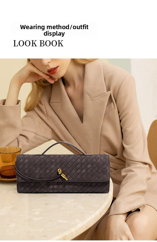 Retro Woven Baguette Handbag for Women Suede Texture PU Leather Shoulder Crossbody Bag Elegant Evening Clutch Warm gray