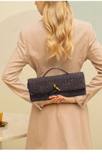 Retro Woven Baguette Handbag for Women Suede Texture PU Leather Shoulder Crossbody Bag Elegant Evening Clutch Warm gray