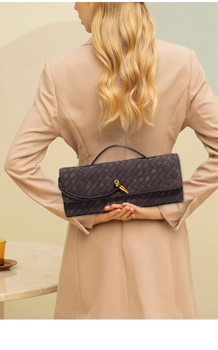 Retro Woven Baguette Handbag for Women Suede Texture PU Leather Shoulder Crossbody Bag Elegant Evening Clutch Burgundy