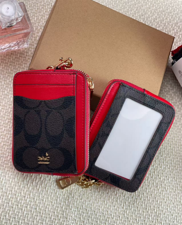 2 Pack Mini Zip Card Holder & Coin Purse with Keychain - Split Leather ID Wallet - Coffee Red Monogram & Pink Cherry Print - Compact Travel Pouch for Women & Girls