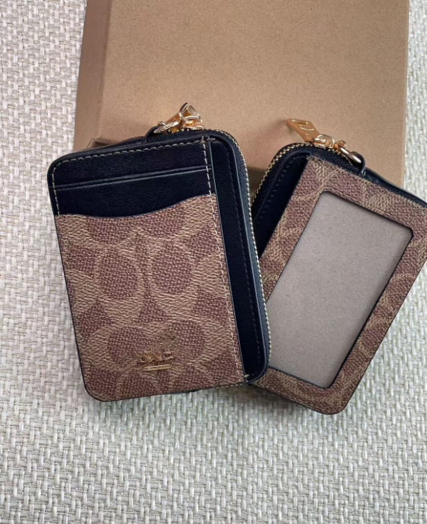 2 Pack Mini Zip Card Holder & Coin Purse with Keychain - Classic Brown & Midnight Black Monogram - Compact ID Wallet for Daily Commute & Travel