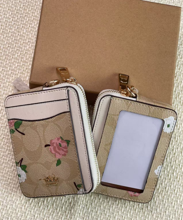 2 Pack Women's Zip Card Holder & Coin Purse with Keychain - Vintage Rose Floral & Signature Coffee Brown - Compact ID Wallet for Travel & Daily Use