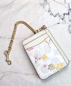 2 Pack Women's Mini Zip Card Holder & Coin Purse with Keychain - Signature Brown with Pink Trim & White Floral Print - Compact ID Wallet for Daily Use