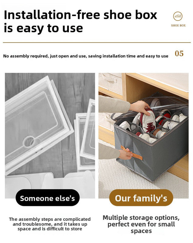 Extra Large Foldable Shoe Storage Box 16 Compartments with Side Pockets Clear Lid Wardrobe Organiser for Sneakers Socks 43cm Square Cube Grey