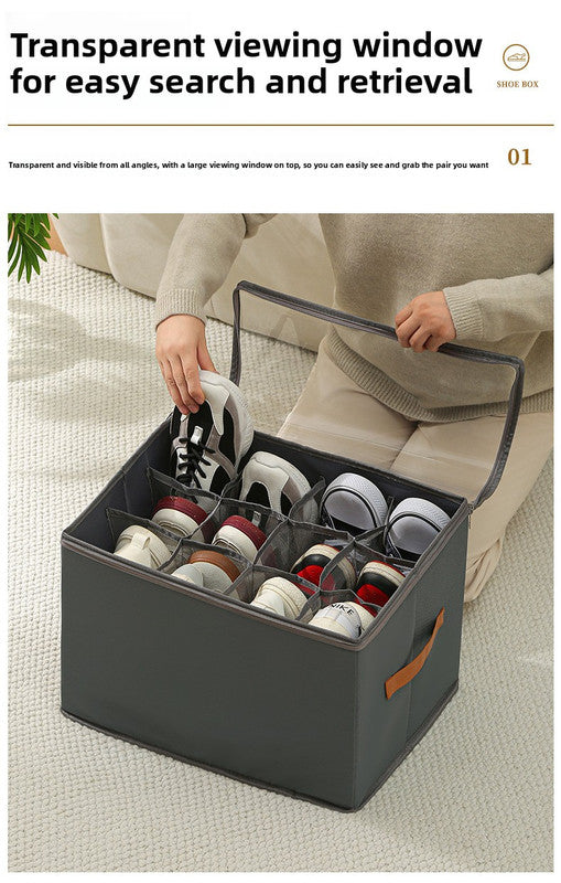 Premium Heavy Duty Shoe Storage Box 16 Grids Beige 43cm Cube Foldable Fabric Wardrobe Organiser with Label Holder and Side Pockets
