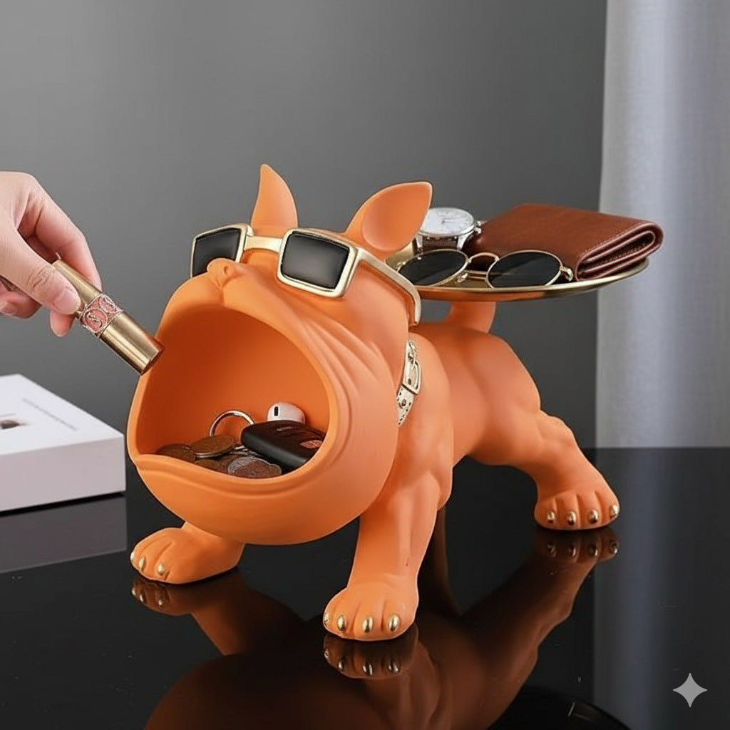 Cool French Bulldog Statue Storage Tray Grey Resin Dog Figurine Key Bowl and Candy Organiser with Open Mouth Design for Entryway Table Home Decor