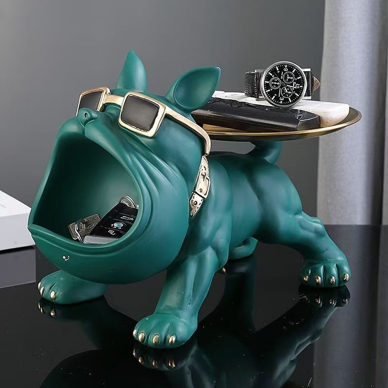Cool French Bulldog Statue Storage Tray Orange Resin Dog Figurine Key Bowl and Candy Organiser with Open Mouth Design for Entryway Table Home Decor