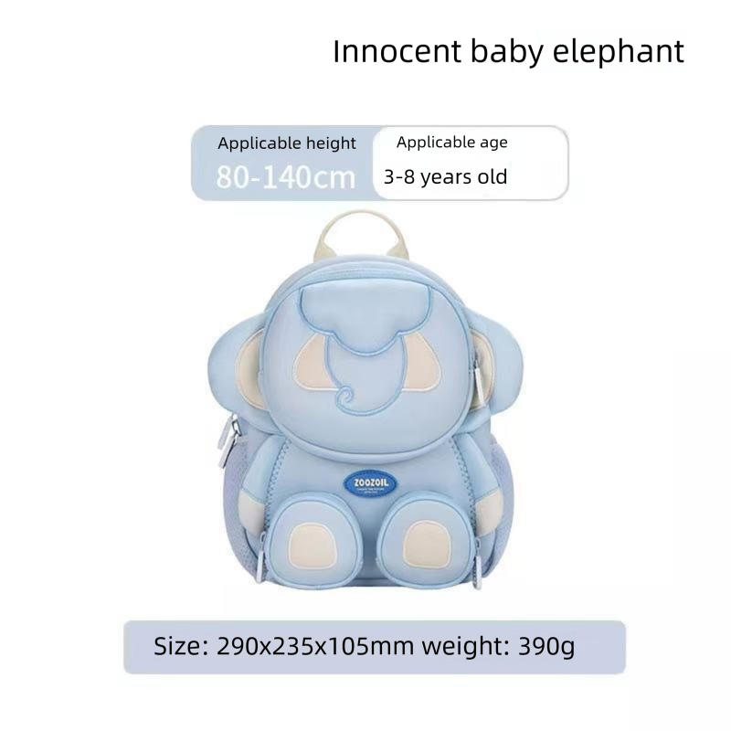 Cute 3D Elephant Kids Backpack Blue Animal School Bag Lightweight Neoprene Style with Chest Strap Breathable Mesh Back for Kindergarten Preschool Boys Girls