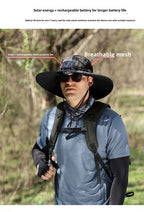 Dual Solar Fan Hat with Rechargeable Battery - Wide Brim UPF 50+ Sun Protection Bucket Hat - Green Ink Pattern for Fishing & Camping