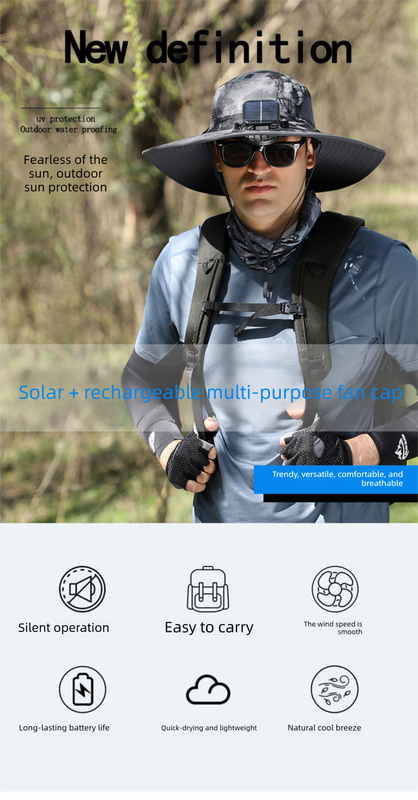 Dual Solar Fan Hat with Rechargeable Battery - Wide Brim UPF 50+ Sun Protection Bucket Hat - Dark Grey Ink Ink Pattern for Fishing & Camping