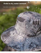 Dual Solar Fan Hat with Rechargeable Battery - Wide Brim UPF 50+ Sun Protection Bucket Hat - Dark Grey Ink Ink Pattern for Fishing & Camping