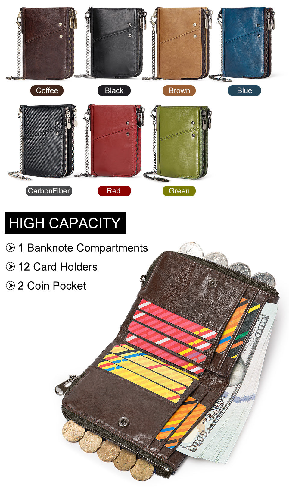 Genuine Leather Mens Wallet Double Zipper - RFID Blocking Bifold Card Holder with Coin Pocket - Vintage Brown Gift for Him