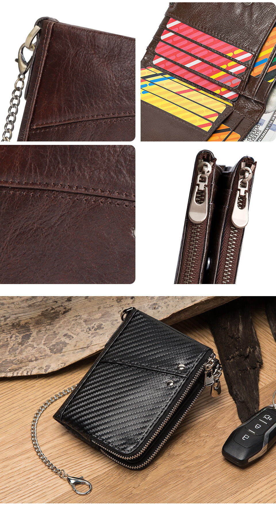 Genuine Leather Mens Wallet Double Zipper - RFID Blocking Bifold Card Holder with Coin Pocket - Vintage Brown Gift for Him