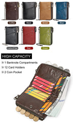 Genuine Leather Mens Wallet Double Zipper - RFID Blocking Bifold Card Holder with Coin Pocket - Black Gift for Him