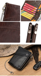 Genuine Leather Mens Wallet Double Zipper - RFID Blocking Bifold Card Holder with Coin Pocket - Black Gift for Him