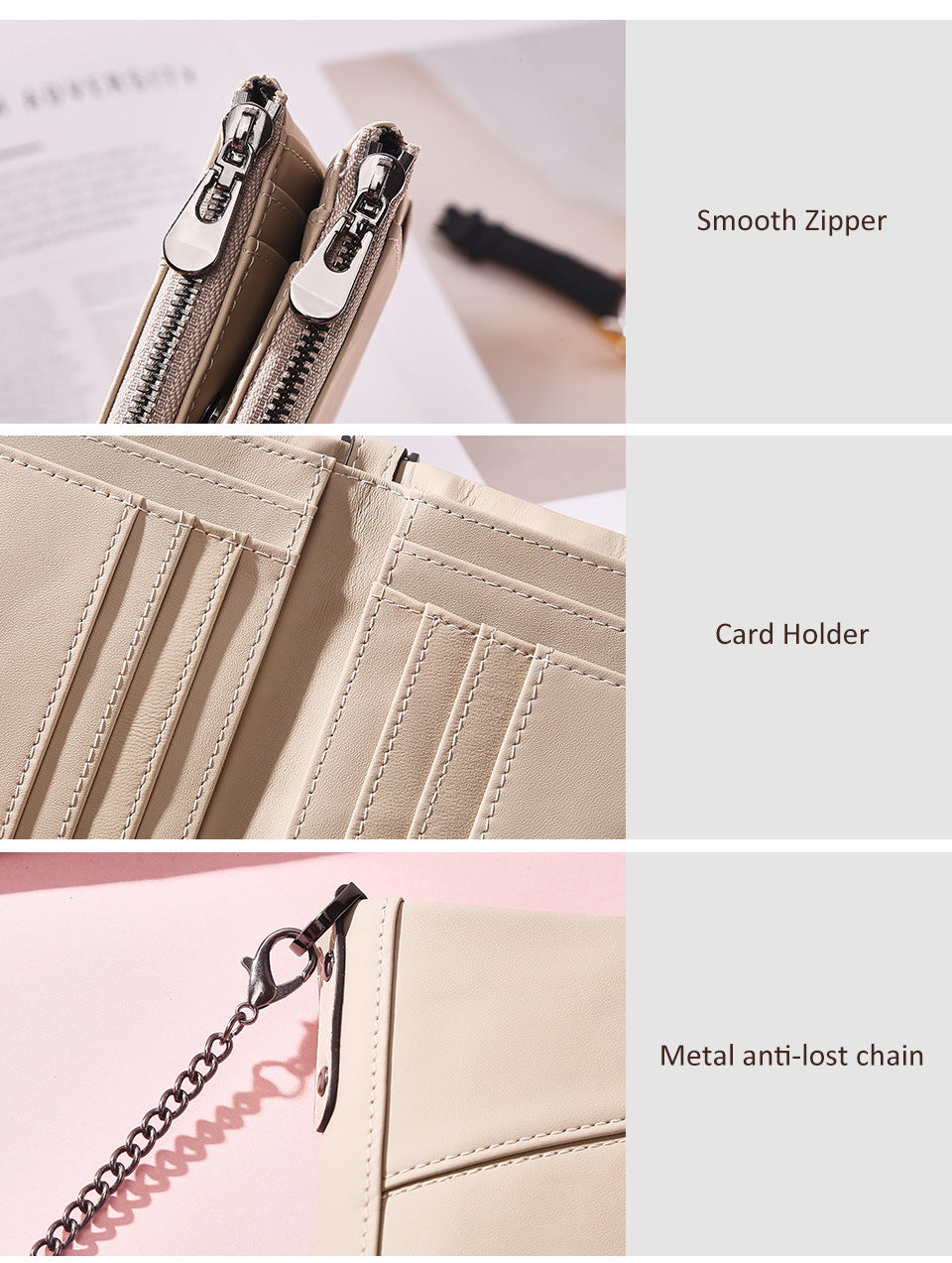 Genuine Leather Double Zipper Wallet - Red RFID Blocking Bifold Card Holder - Vintage Cowhide Purse with Coin Pockets (13cm)