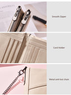 Genuine Leather Double Zipper Wallet - Beige RFID Blocking Bifold Card Holder - Vintage Cowhide Purse with Coin Pockets (13cm)