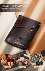 Genuine Leather Double Zipper Wallet - Green RFID Blocking Bifold Card Holder - Vintage Cowhide Purse with Coin Pockets (13cm)