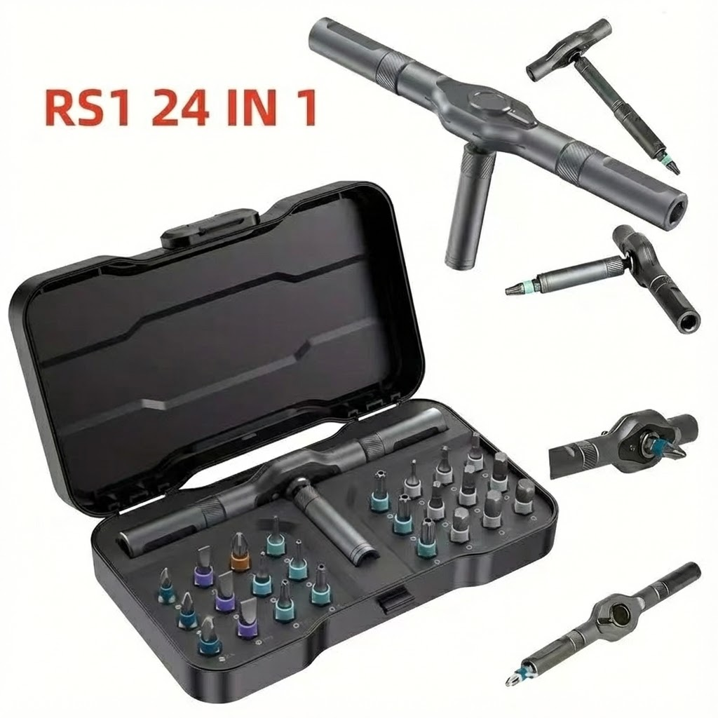 24-in-1 Modular Ratchet Screwdriver Set - RS1 Multi-Purpose Tool Kit with S2 Steel Magnetic Bits - Transformable T-Handle Design for Home DIY & Repair